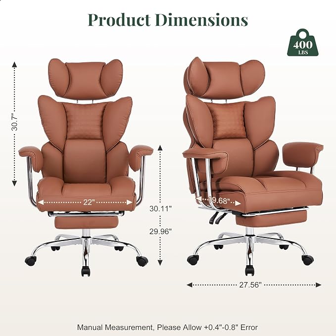 Big and Tall Office Chair 400 LBS, for Adults, Home Office | PU Leather, Executive Ergonomic Desk Chair with Footrest, Lumbar Support, Wide Seat ,Reclining, Brown - Image 3