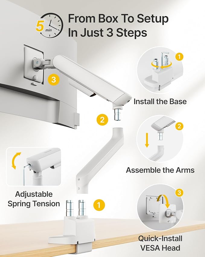 monTEK Mechanical Spring Dual Monitor Arm for 27 32 34 inch Screens White | Built-in One-Way Bearing, Holds 26.4 lbs, VESA 75/100mm, C-Clamp/Grommet Base & Cable Management, Office, Home, Game - Image 7