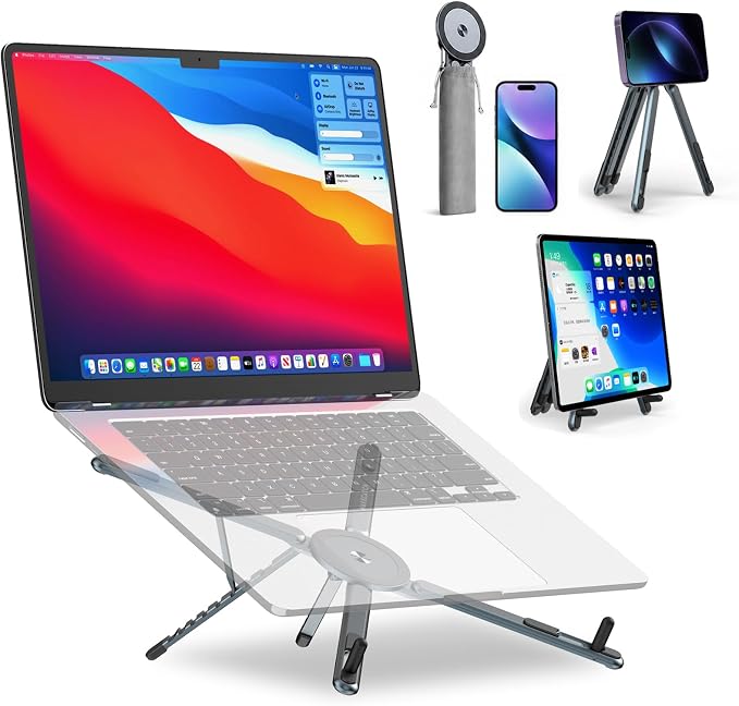 Portable Laptop Stand for Desk, 3-in-1 Adjustable Holder for MacBook, 8-Level Height & Angle, Aluminum Alloy Desktop Stand, Compatible with 4-13” iPhone, 10-16” Laptops & Tablets(Gray) by MAKECATCH