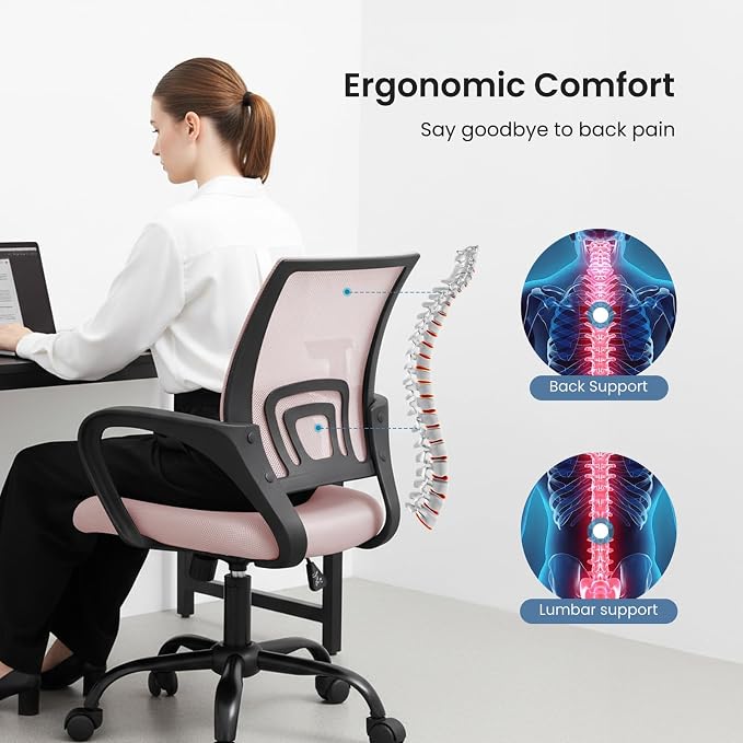 DUMOS Ergonomic Office Chair, Home Desk Lumbar Support Chair | Mid Back Mesh, Height Adjustable Fixed Armrest, Rocking Mode 360 Swivel Computer Gaming, Pink - Image 4