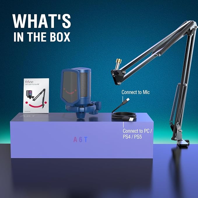 FIFINE A6TB USB Streaming Microphone Kit, RGB Condenser Mic with Boom Arm | Mute Button, RGB Indicator, Gain Control, Cardioid pickup, Pop Filter, for PC PS5/Mac Gaming Discord Twitch Podcasts - Image 7