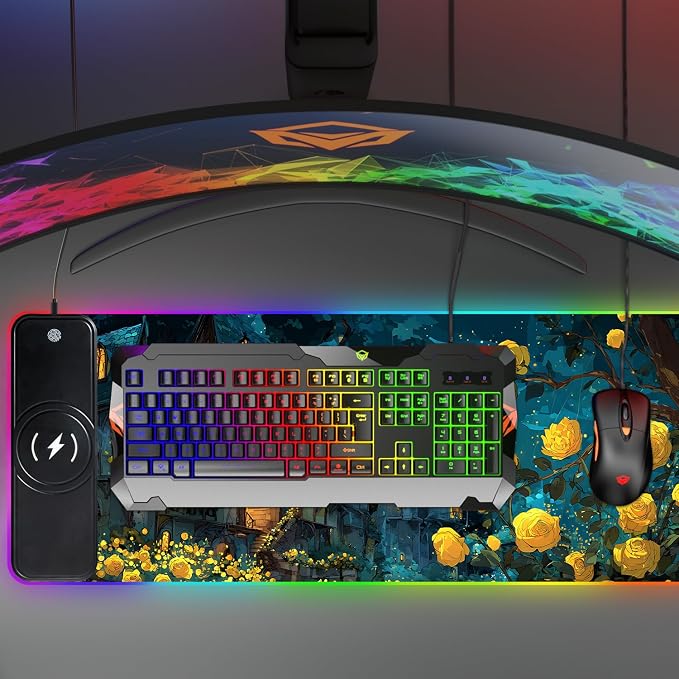 Wireless Charging RGB Gaming Mouse Pad, 31.5 x 11.8 Inch Extended Mouse Mat with Fantasy Castle & Rose Design, LED Desk Pad with 7 Lighting Modes, Non-Slip Base for Gaming & Office - Image 9