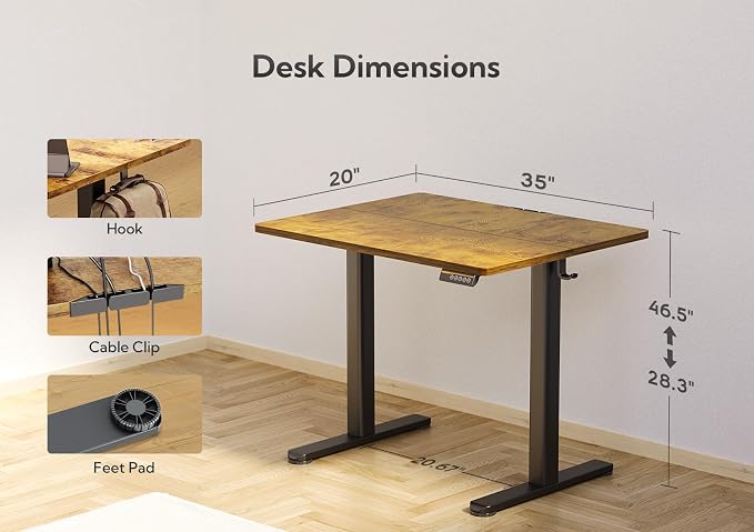 Claiks Electric Height Adjustable Standing Desk, 35x20 Inch, Rustic Brown | Smooth Height Adjustment, 3 Memory Presets, Cable Management Hub&Hook, Stable Steel Frame, 176lbs Capacity, Easy Assembly - Image 3