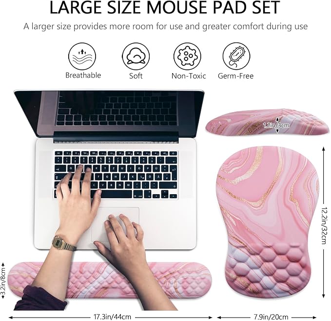 Mouse Pad Wrist Support, Laokiiy 2 in1 Keyboard Wrist Rest+ Ergonomic Mouse Pad, Non-Slip Wrist Rest for Computer Keyboard, Made Easy Typing & Relieve Wrist Pain(Rose Gold Pink Marble) - Image 5