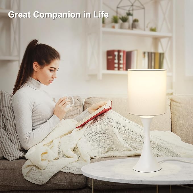 Modern Table Lamps, 3 Way Touch Control Table Lamp, Dimmable Desk Lamp, White Nightstand Lamp with Fabric Shade, Small Bedside Lamp for Living Room, Dorm,Home Office, LED Bulb Included - Image 5