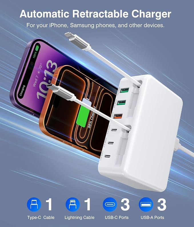 Upgraded 8-in-1 Retractable USB C Charger Block, 120W GaN Multi Charging Station Hub with Lightening & Type C Cable, Travel Essential USB C Power Strip Plug for iPhone 17 16 15 14 Pro Max iPad Galaxy - Image 9