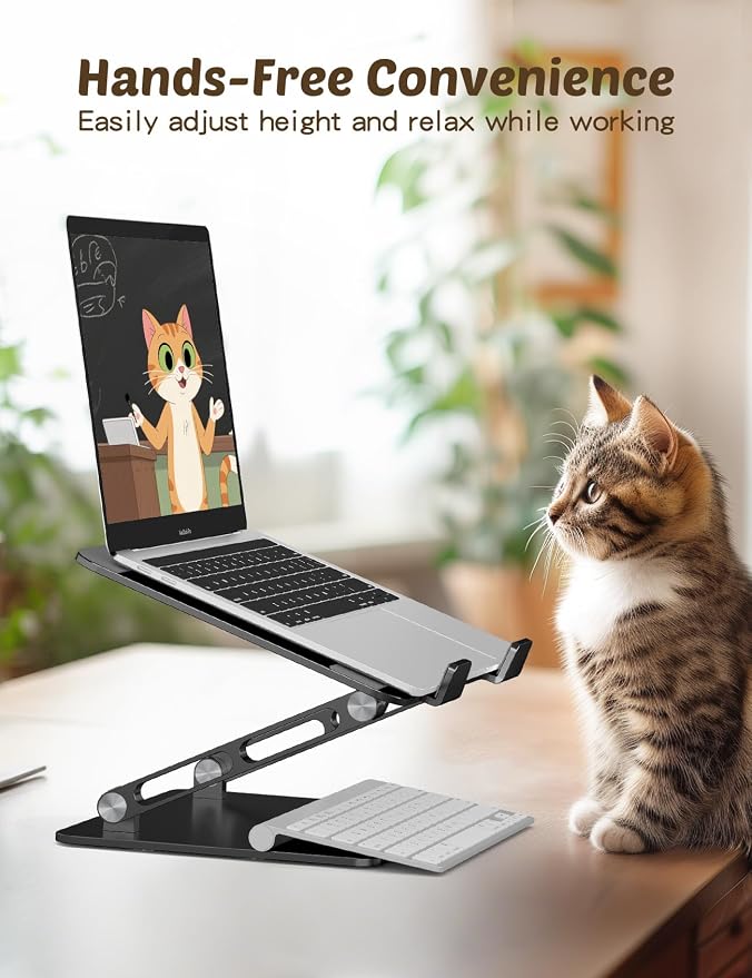 Aoviho Laptop Stand for Desk – Adjustable Aluminum Laptop Riser with Unique Cat-Shaped Cooling Vent, Portable Desk Gift & Decor, Compatible with MacBook Air Pro, Dell, HP, Lenovo (10"-17.3"), Black - Image 6