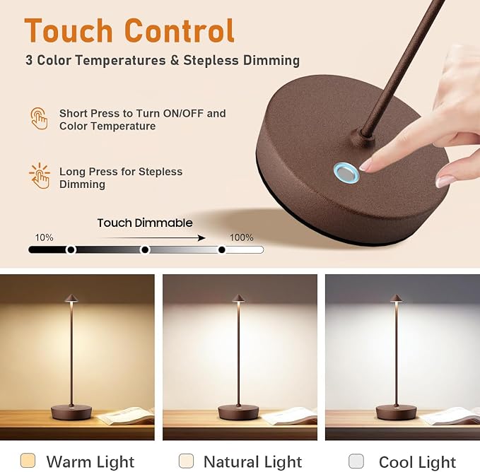 Set of 2 Cordless Rechargeable Led Table Lamp Battery Operated Light Rust | 6000mAh Touch 3 Color Dimming Portable Metal Outdoor Waterproof Light for Patio/Restaurant/Dining/Home - Image 4