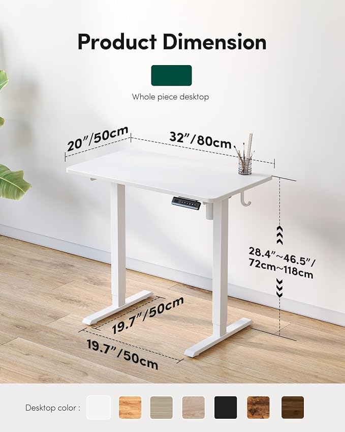 CubiCubi 32 x 20 One-Piece Electric Adjustable Standing Desk, Elegant White | Height Adjustable Electric Small Computer Home Office Sit Stand up Workstation, with Memory Presets, Headphone Hook - Image 3