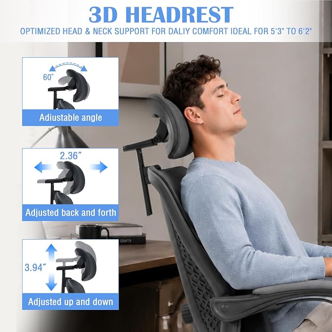Ergonomic Office Desk Chair with Foot Rest - Adjustable Lumbar Support & Headrest, 90-160° Reclining Mesh Back Computer Chair - Home Office/Gaming for Adults, 400lbs Capacity (Gray) - Image 5