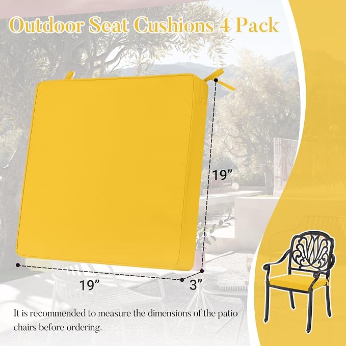 Basic Beyond Outdoor Chair Cushions for Patio Furniture, Waterproof Outdoor Seat Cushions Set of 4 19 x 19, Patio Chair Cushions Set of 4 with Ties and Handle, Yellow - Image 6