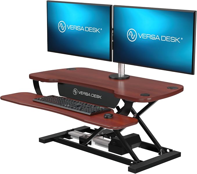 PowerPro 36 Inch Electric Standing Desk Converter – Push-Button Height Adjustable Sit to Stand Desk Riser for Dual Monitors & Laptop – Motorized Desktop Workstation with Wide Keyboard Tray by VERSADESK