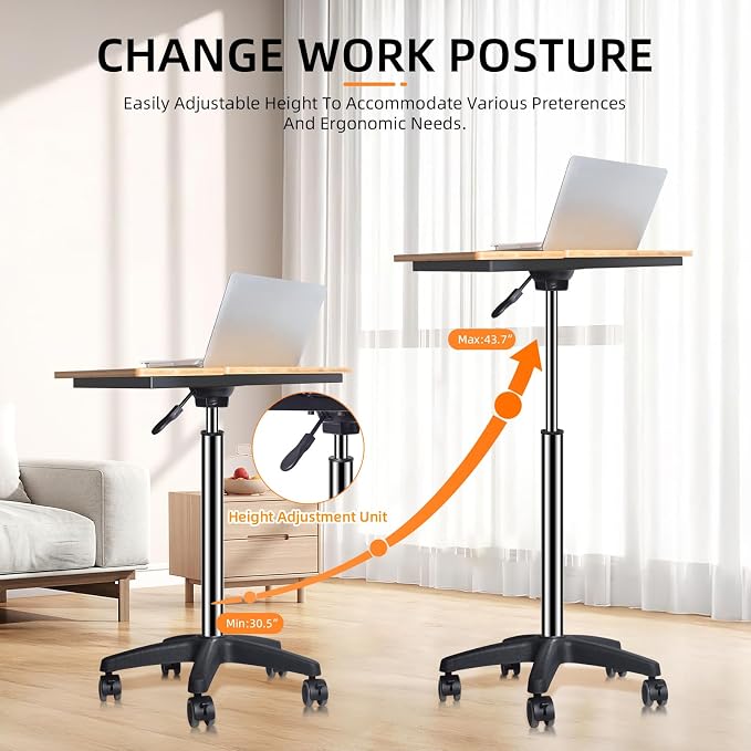wishacc Rolling Desk Adjustable Height, Mobile Standing Desk on Wheels, Small Portable Sit Stand Laptop Cart, Wood Computer Desk with Cup Holder for Home Office (Extra Large) | XL Bamboo Top, Large Compact Surface, Gas Spring Lifting System, 5-Position... - Image 5