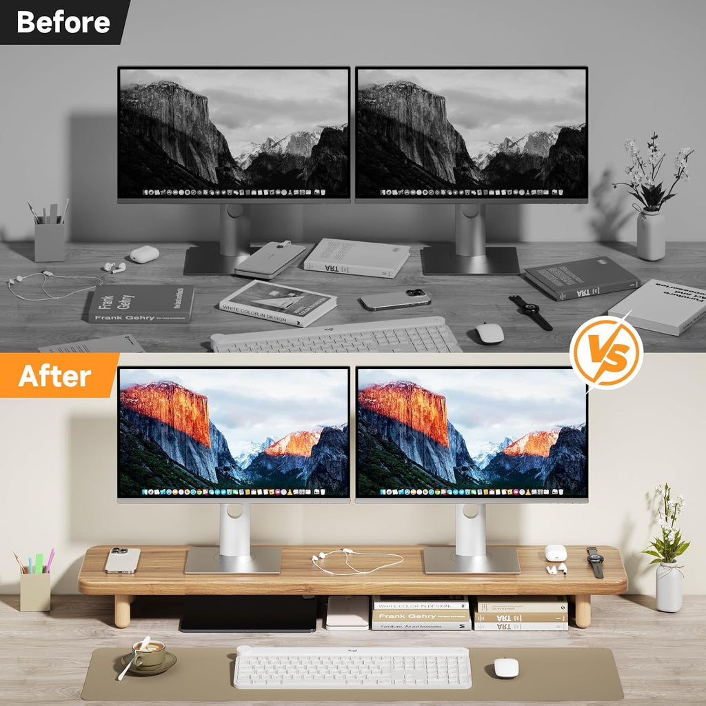 Dual Monitor Stand Riser, 39 Inch Extra Long Wooden Desktop Monitor Riser with Storage for 2 Monitors Ultra Strong Desk Shelf Organizer Riser Ergonomic for 2 Screens/Laptop/PC/TV/Printer -Light Walnut - Image 7