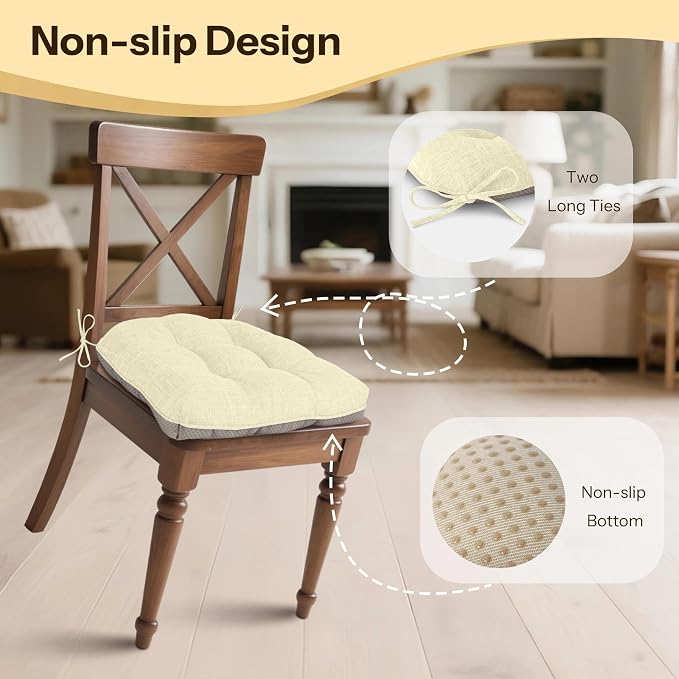 Chair Cushions for Dining Chairs Set of 2, 18"x18"x3", Beige | Non-Slip with Ties, Tufted, Faux Linen, Seat Cushions for Dining Room Kitchen Breakfast Nook Indoor Home Office Living Room - Image 3