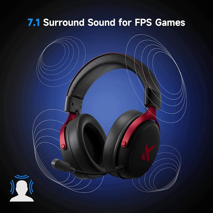 MCHOSE V9 PRO Wireless Gaming Headset 7.1 Surround Sound for PS5 PS4 PC SWITCH TOPSPEED Gaming Headphones, Noise Canceling Mic, 250Hr Battery, Low 15ms Latency, Lightweight, BT 5.3 FPS Games Black&Red - Image 3
