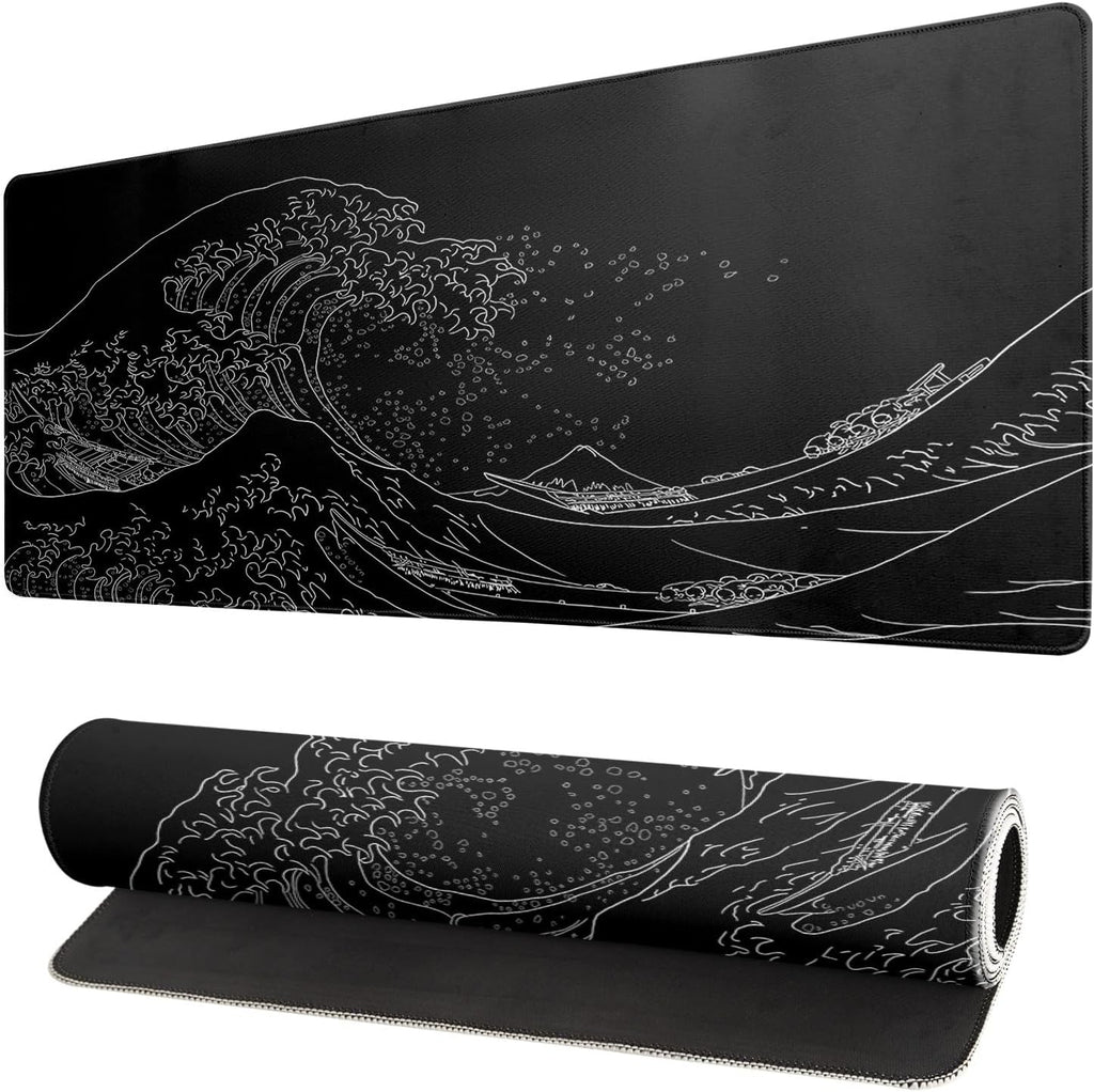 Brecoy Japanese Sea Wave Large Mouse Pad, Anime Black Gaming, Extended Kanagawa Mat Desk Pad, 3mm Thick Long Non-Slip Rubber Base Mice Pad, 31.5 X 11.8 Inch by Brecoy