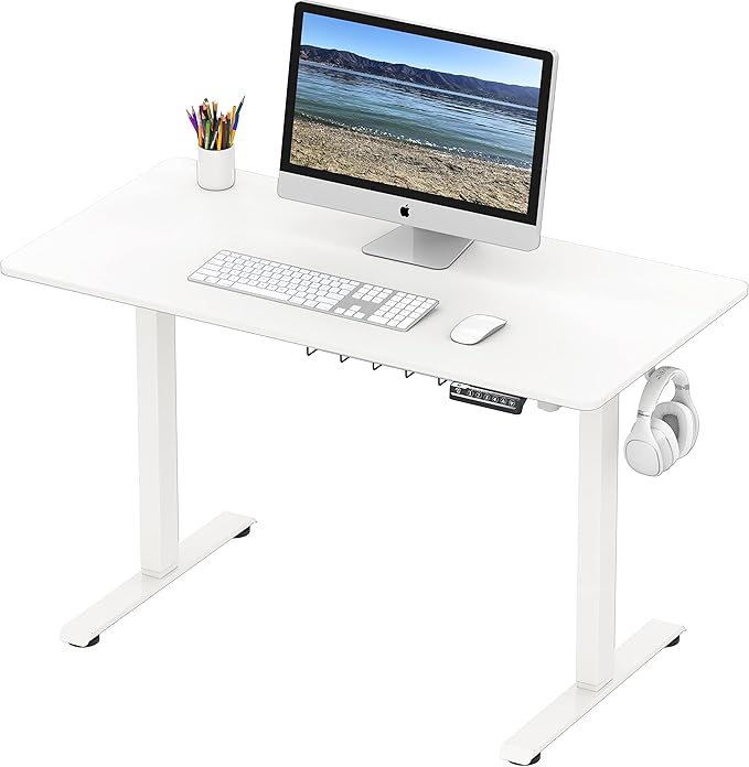 SHW 48-Inch Electric Height Adjustable Sit to Stand Desk, White | with Hanging Hooks and Cable Management, White Frame and White Top - Image 4