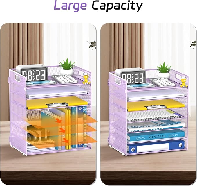 7 Tier Paper Organizer for Desk with Mesh Letter Trays and Handle Purple | Purple Desk File Organizer with Handle for Sorting Papers, Files, Folders, Mail, Bills and Office Supplies - Image 5