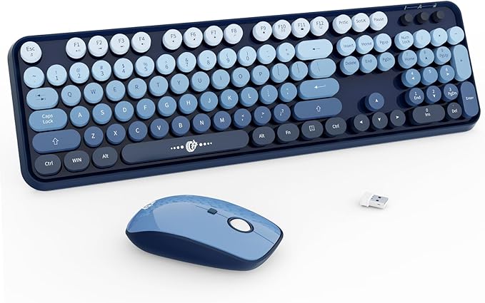 Wireless Keyboard and Mouse Combo - 2.4G Full-Sized Cute Colorful Mouse and Keyboard with 104 Round Keys Retro Typewriter Keyboard for Laptop/Windows/PC - Blue Gradient by FOPETT