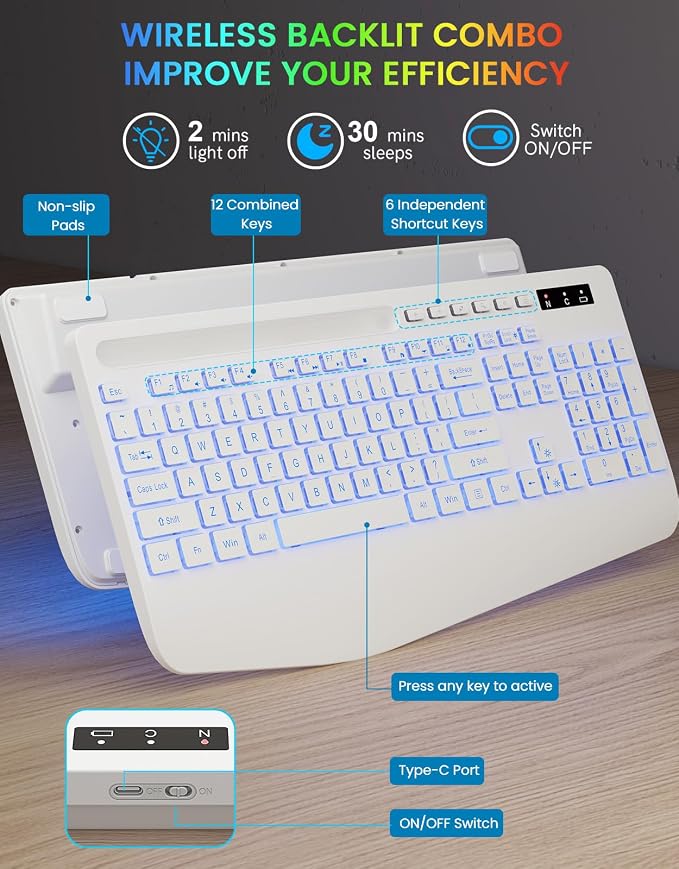 Wireless Keyboard, 7 Colored Backlits, Wrist Rest, Phone Holder-White | Rechargeable Ergonomic Computer Keyboard with Silent Keys, Full Size Lighted Keyboard for Windows, Mac, PC, Laptop - Image 8