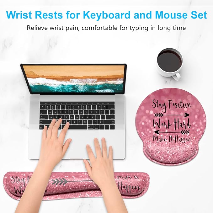Dapesuom Keyboard Wrist Rest and Mouse Pad with Wrist Support, Cute Memory Foam Cushion for Keyboard and Mouse Set, Ergonomic Desktop Pad Rests with Non Slip Base for Easy Typing & Pain Relief, Quotes - Image 2