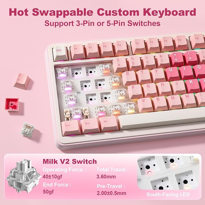 YUNZII B75 PRO MAX 75% Mechanical Keyboard (Pink Heart, Milk Switch) | QMK/VIA, Wireless Keyboard with Screen and Knob, Custom Hot Swap, Gasket Mount, Creamy Switches, RGB for Gaming/Win/Mac - Image 5