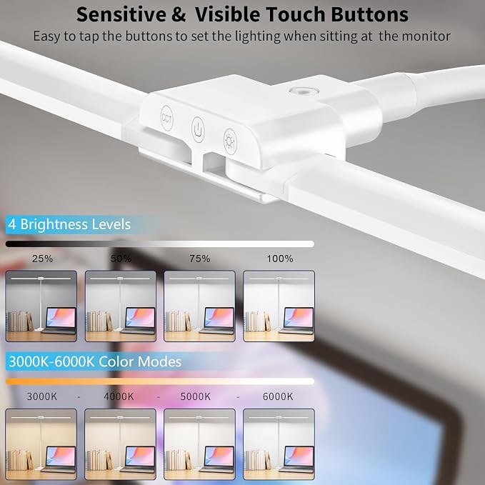 LED Desk Lamp Double Light: 1200LM Desk Light Base for Home Office, White | Dual Screen Computer Monitor Light, Architect Table Lamp for Working Reading Drafting,Dimmable 4 Colors Memory 30-Min Timer - Image 5