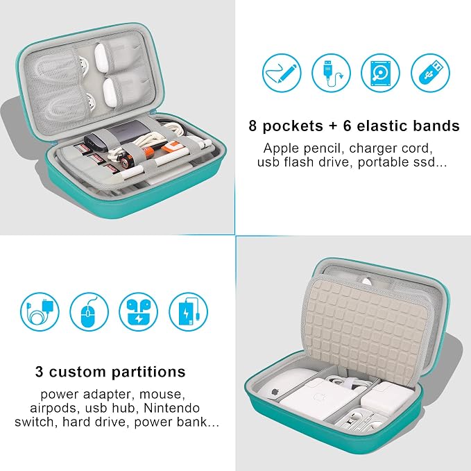 Elonbo Hard Travel Cords Organizer Universal Small Electronic Accessories Carrying Case for Chargers Cables MacBook Adapter Magic Mouse Apple Pencil USB Flash Disk Tech Portable Storage Bag,Turquoise - Image 2