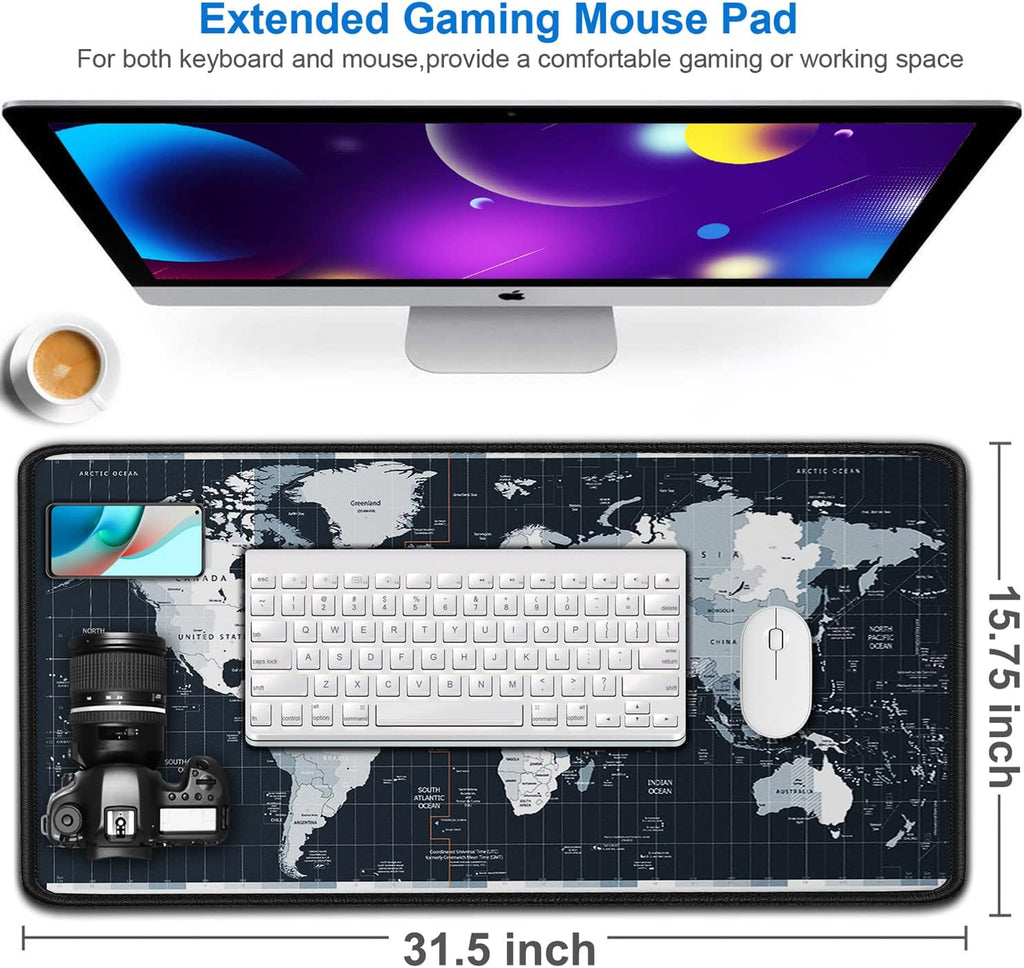 Large Gaming Mouse Pad with Stitched Edges, 31.5x15.7 in Extended Computer Keyboard Mouse Mat, Water Resist Non-Slip Mousepad Rubber Base Long XXL Desk Mousepad for Work & Gaming, Home, Map - Image 2