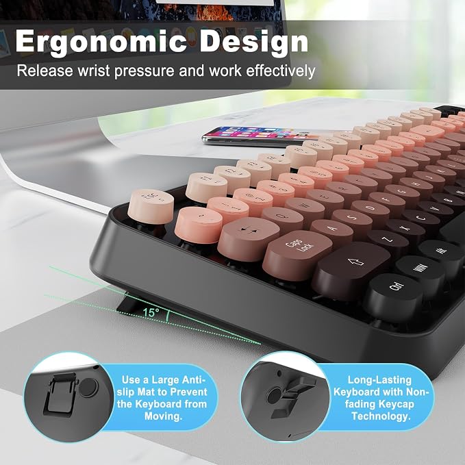 Wireless Keyboard and Mouse Combo - 2.4G Full-Sized Cute Colorful Mouse and Keyboard with 104 Round Keys Retro Typewriter Keyboard for Laptop/Windows/PC - Pink Gradient - Image 6