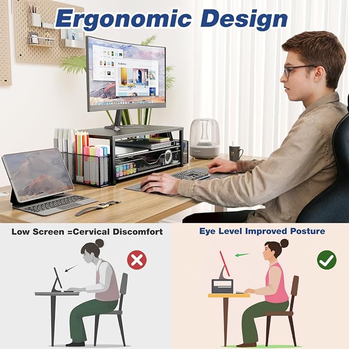 Desk Organizer and Accessories, 2-Tier Computer Monitor Stand Riser with Drawer and 2 Pen Holders, Laptop Stand, Office Desk Accessories for Office Supplies, 2 Pack, Black - Image 2
