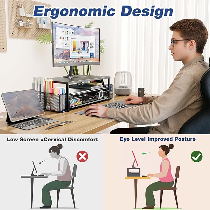 Desk Organizer and Accessories, 2-Tier Computer Monitor Stand Riser with Drawer and 2 Pen Holders, Laptop Stand, Office Desk Accessories for Office Supplies, 1 Pack, Brown - Image 6