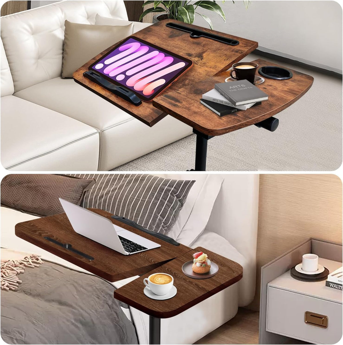 Medical Adjustable Overbed Bedside Table with Wheels & Cup Holder - Image 7