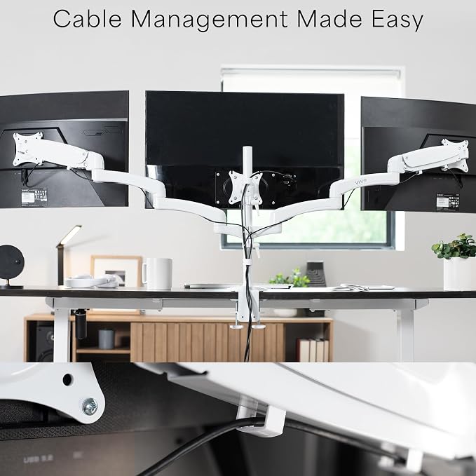 VIVO 17 to 32 inch Triple Pneumatic Monitor Mount, 2 Pneumatic Arms, 1 Fixed, Adjustable Swivel, Rotation, Heavy Duty VESA Desk Stand with C-clamp, Max VESA 100x100, White, STAND-V300GW - Image 9