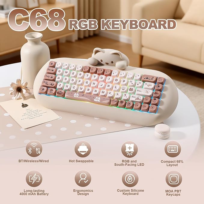 YUNZII C68 Wireless Mechanical Keyboard,65% Layout,Hot Swap,Triple Mode BT5.0/2.4G/Wired, RGB Backlit NKRO,Cute Cat Silicone Ergonomic Design for Win/Mac (Brown, Milk Switch) | Wireless Triple Mode BT5.0/2.4G/Wired, RGB Backlit NKRO, Cute Cat Silicone ... - Image 2