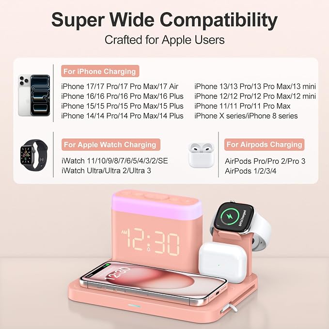 ANJANK 5 in 1 Wireless Charging Station with Alarm Clock,7 Night Light & 0-100% Dimmer,Qi Mag-Safe Charger Stand for Apple Devices - for iPhone 17 16 15 14 13 12 Pro Max Plus Air,Apple Watch,Airpods - Image 3