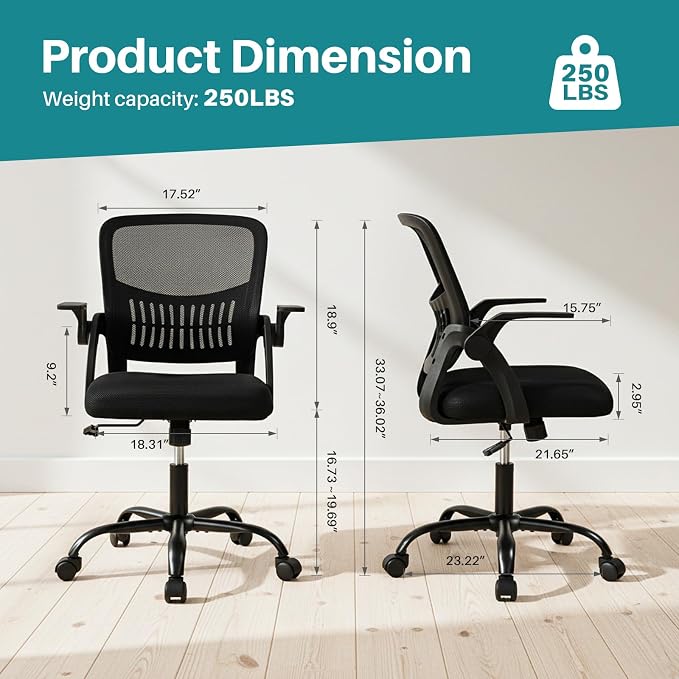 OLIXIS Ergonomic Office Desk Chair, Mid-Back Executive Computer Chair | Flip-up Armrest, Rocking Mode, Height Adjustable, 360° Rolling Swivel Adults, Student, Black - Image 2