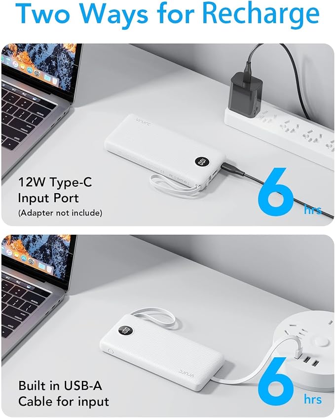 VRURC Portable Charger Power Bank, Built-in 4 Cables & 2 Ports 10000mAh | LED Display Slim Battery Pack,Compact Travel Essential Portable Phone Charger 5 Output for Multi Devices,Student/Teens(1Pack) - Image 6