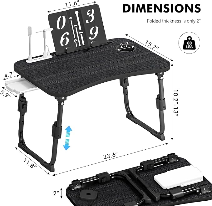 Lap Desk for Bed Adjustable Height, Foldable Bed Table with Storage Drawer, Tablet Slot & Cup Holder, Portable Laptop Stand for Bed & Sofa, Bed Desk for Adults & Kids, Black - Image 3
