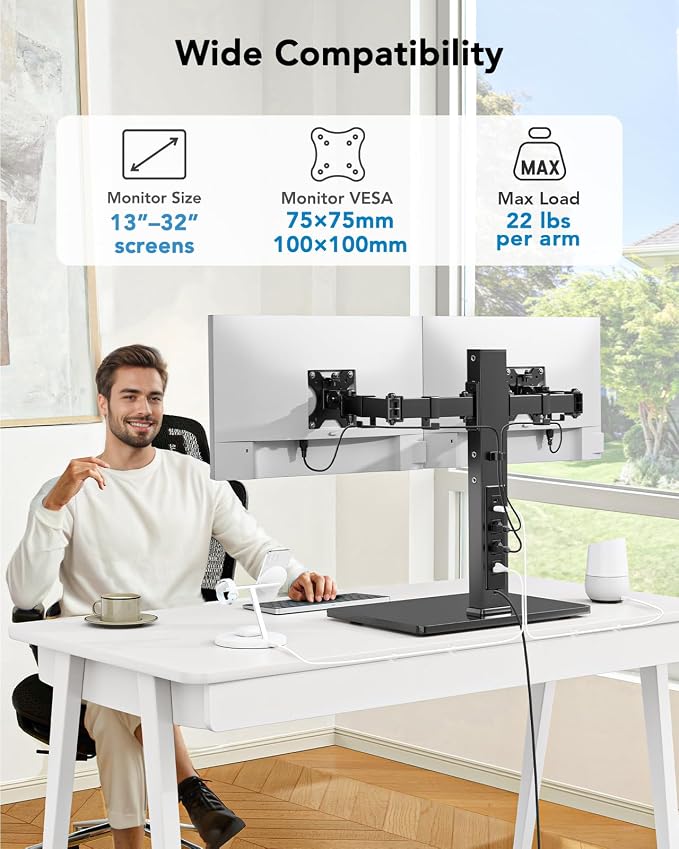 HUANUO Dual Monitor Mount with Power Outlet, Computer Monitor Stand with Sturdy Glass Base, Full Motion Dual Monitor Stand with Adjustable Height, Supports 13″-32″ Displays up to 22 lbs, Easy Setup - Image 2