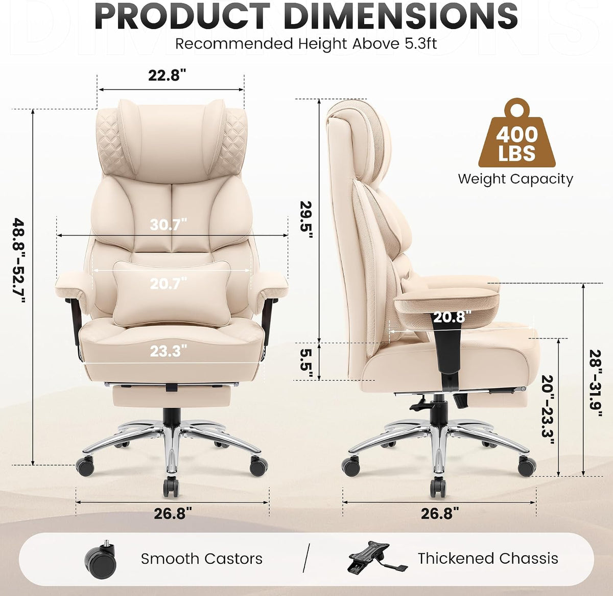 Office Desk Chair, Big and Tall Leather Gaming Chair with Footrest, Wide Ergonomic Comfy Executive High-Back Reclining Computer Chairs, Swivel Rolling Wheels and Padded Lumbar Support, Beige - Image 2