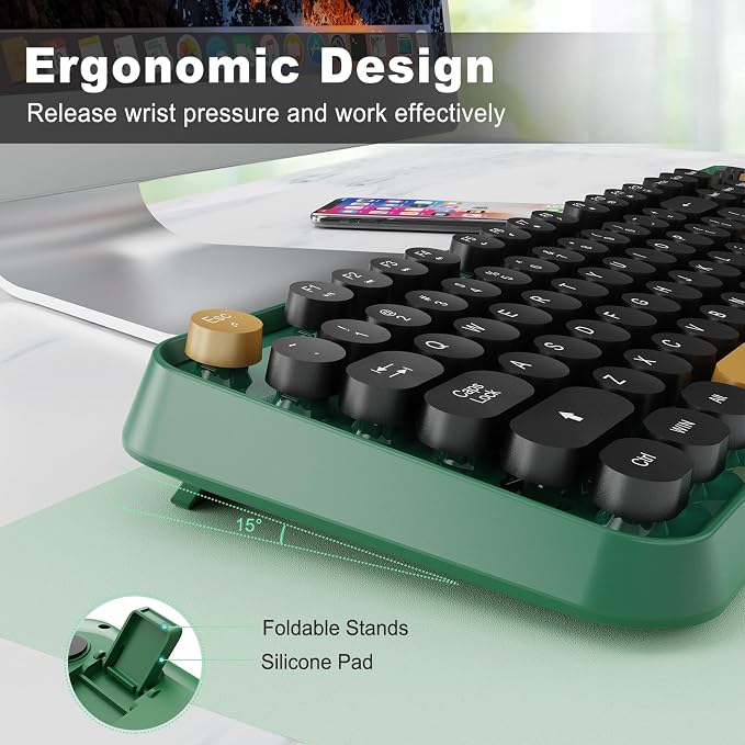 Green Wireless Keyboard and Mouse Combo,Typewriter Keyboard with Round Keys,2.4G Wireless Full Size Colorful Keyboard with Number Pad for Computer Laptop and Desktop - Image 6