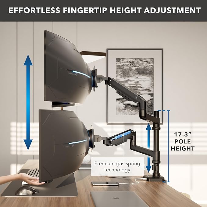 Mount-It! Proflex Series Stacking Dual Ultrawide Monitor Arm for 17–49” Screens, Height-Adjustable Pole, Heavy Duty Gas Spring, USB-C & USB 3.0, Full Motion, VESA 75/100, Clamp or Grommet | Height-adjustable pole with heavy-duty gas spring arms fits 17... - Image 4