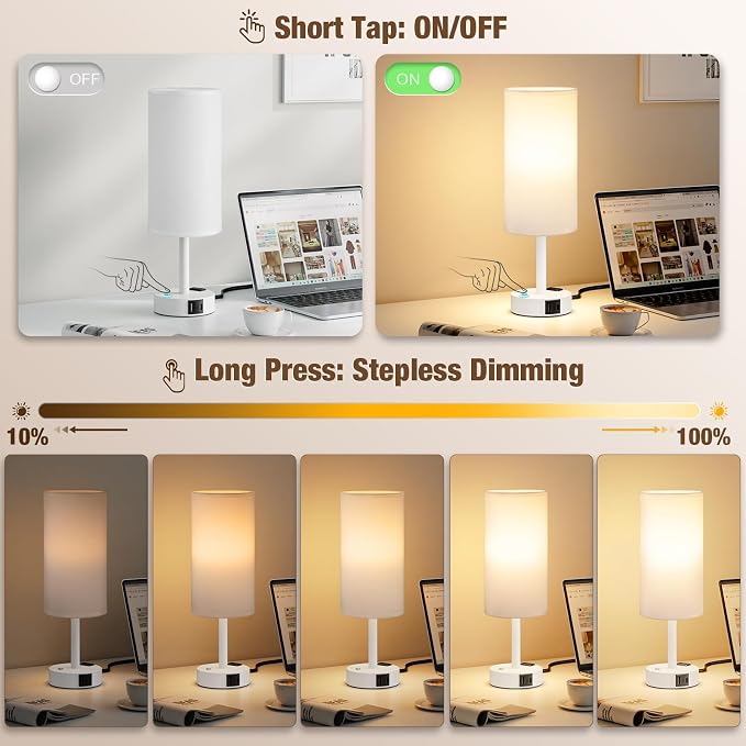White Touch Bedside Lamp for Bedroom, Stepless Dimmable, USB A+C, AC Outlet | Base Touch Button Only, Memory Brightness, Ultra-dim Night Light, Included Bulb for Optimal Dimming, White Lamp Base, Nursery - Image 3