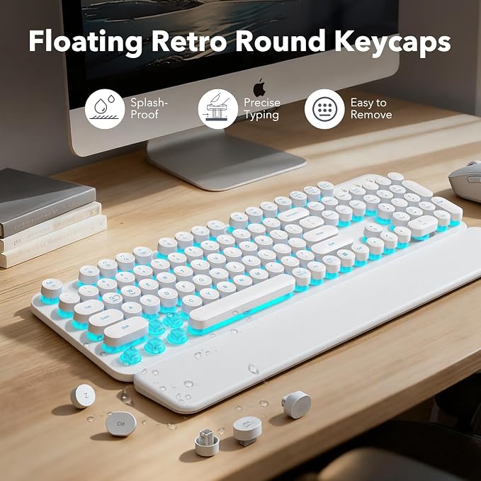 Wireless Keyboard and Mouse Combo, Backlit Round Keycaps, Retro Typewriter Keyboard with Detachable Wrist Rest, Rechargeable & Tilt Legs, 2.4GHz Cordless Connection for Windows/PC (Glowing White) - Image 4