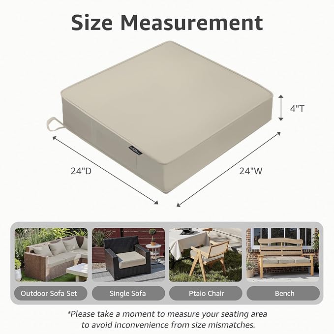 PatioGlow Outdoor Chair Cushions 24 x 24 x 4 Inch, Waterproof & Fade Resistant Patio Seat Cushion for Furniture with Handle and Ties, Thick Seating Pads for Outside Sofa Couch Set of 2, Cream - Image 3