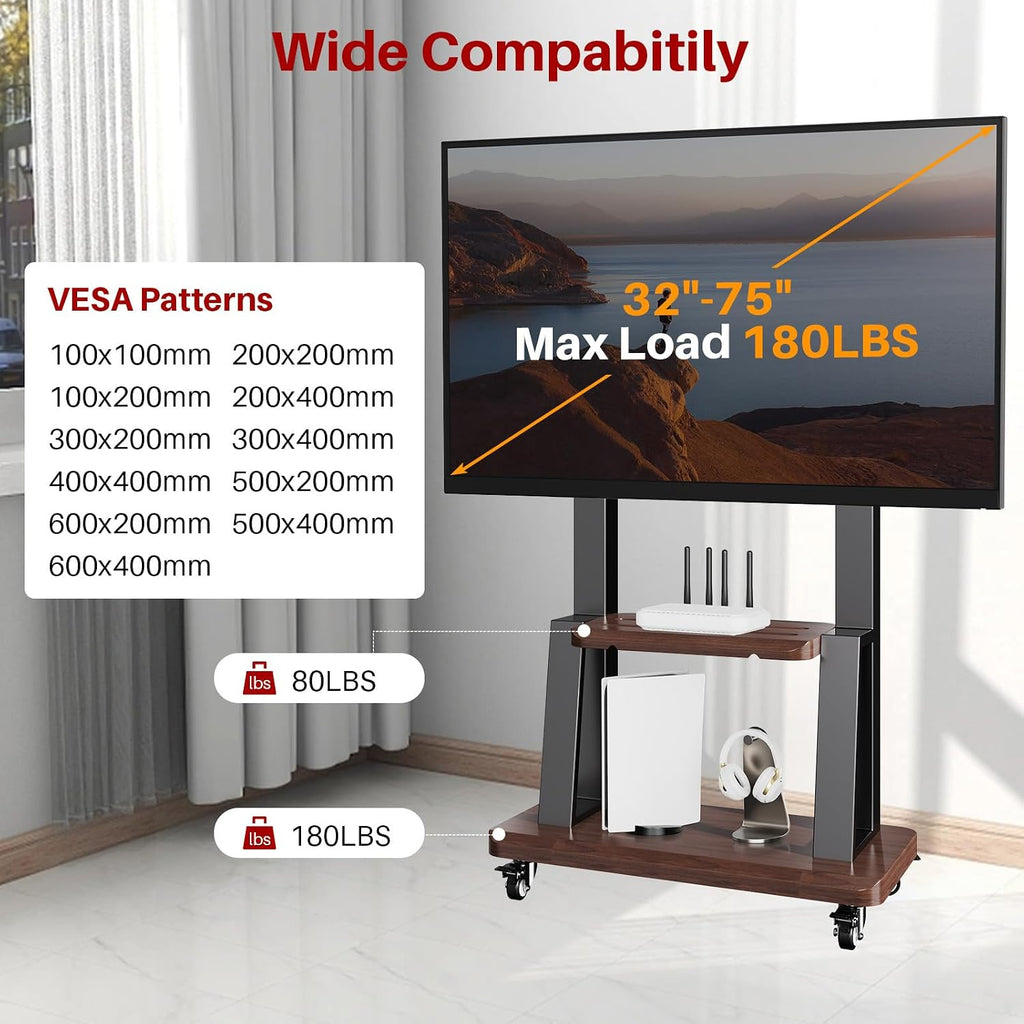 Rolling TV Stand for 32-75 Inch TVs up to 180 lbs, Black - Image 2