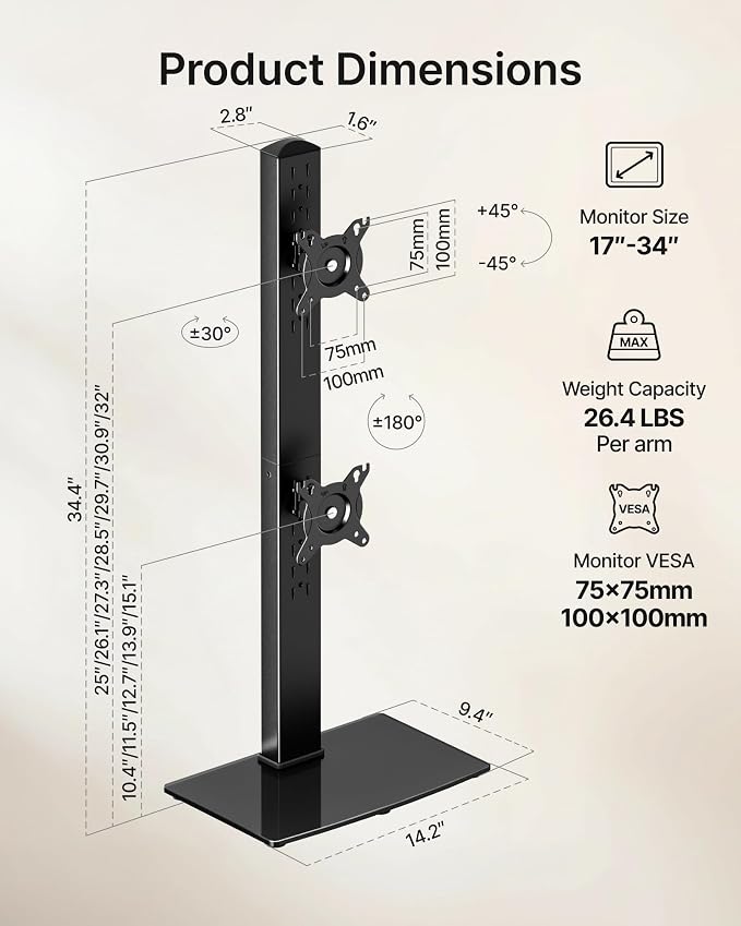 monTEK Powered Stacked Dual Monitor Stand for 17-32", Glass Base | Space-saving vertical monitor mount, stable glass base and integrated power outlet for a clean two-screen workstation - Image 9