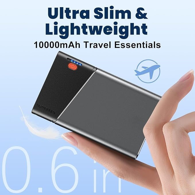 Aaoyun 10000mAh Portable Power Bank, 22.5W PD Fast Charging Battery Pack with Built-in USB-C Cable, Ultra-Slim External Phone Charger for iPhone 17/16/15, Samsung Galaxy S24, Android (Grey) - Image 3